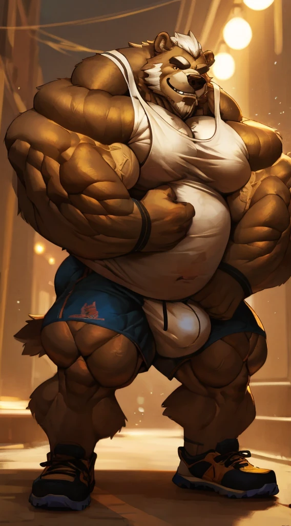 chubby grizzly bear in nigh street city (wearing white shorts and white tank top, shoes), fatty muscle, big balls, hyper muscle, hyper muscular, hyper pecs, hyper pectoral, absurdly muscular, absurdly muscle size, heavy thick brown fur, flare lights, bur background, old man, thick arm, huge arm, bearded. White hair and long beard, bearded, muscular, pectoral, wide pectoral, large pectoral, realistic, 8k, masterpiece,
