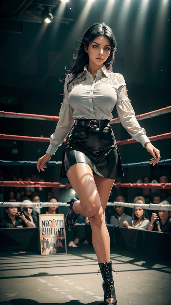 (best quality, masterpiece, colorful, highest detailed), (photorealistic:1.2), raw photo, (busty thicc Denise Milani), ((jet-black hair)), (green eyes), (black leather long-sleeved formal shirt, buttoned up), (black leather pleated skirt), ((short stiletto-heeled combat boots), (dominant pose in a boxing ring), (vibrant color), (intricate details), (dynamic angle), exposure blend, bokeh, dim light, (hdr:1.4), high contrast, (muted colors, dim colors, soothing tones:1.3), low saturation,