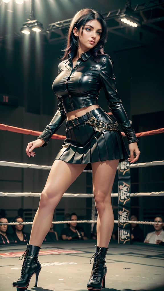 (best quality, masterpiece, colorful, highest detailed), (photorealistic:1.2), raw photo, (busty thicc Denise Milani), ((jet-black hair)), (green eyes), (black leather long-sleeved formal shirt, buttoned up), (black leather pleated skirt), ((short stiletto-heeled combat boots), (dominant pose in a boxing ring), (vibrant color), (intricate details), (dynamic angle), exposure blend, bokeh, dim light, (hdr:1.4), high contrast, (muted colors, dim colors, soothing tones:1.3), low saturation,