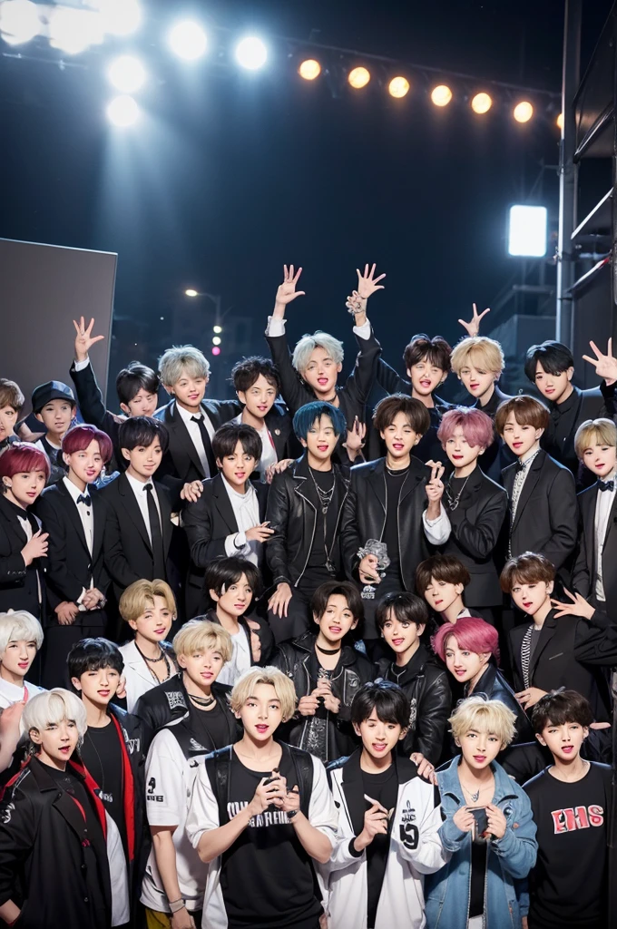 Create an image of stray kids and BTS together