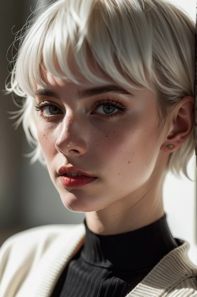 Instagram Photos, French woman, 21 years old, square hair cut,White hair, Close-up portrait, sweater, Neckline, pale, Sharp Shadow