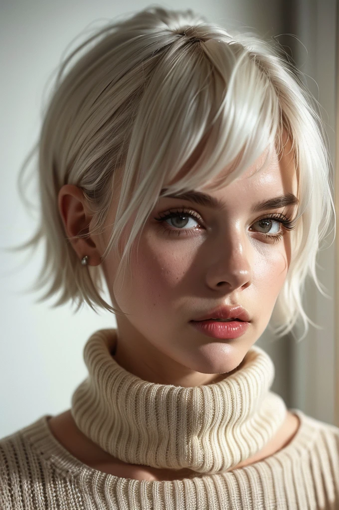 Instagram Photos, French woman, 21 years old, square hair cut,White hair, Close-up portrait, sweater, Neckline, pale, Sharp Shadow