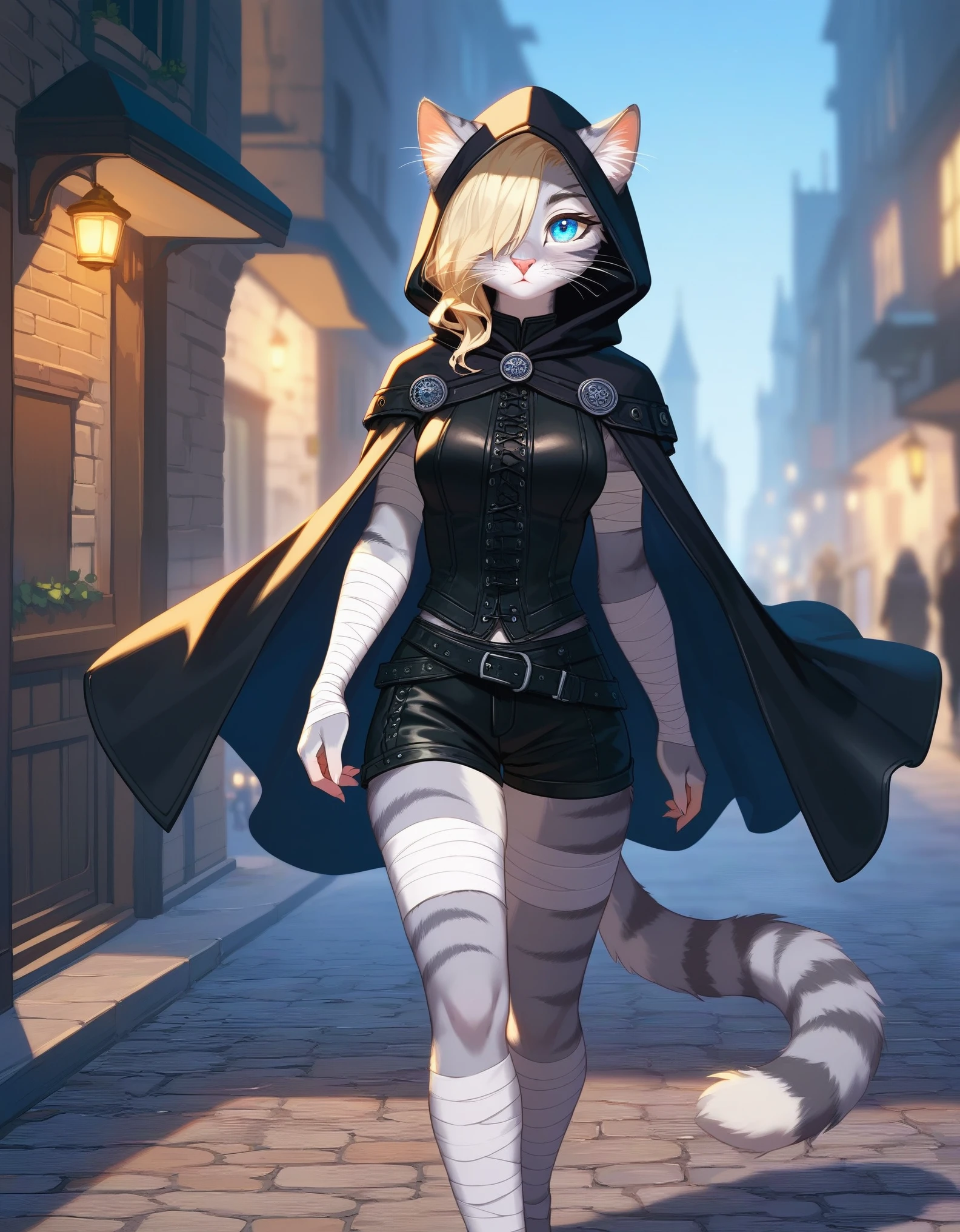 Solo, score_9,score_8_up,score_7_up, source_cartoon, kat, Anthro furry feline, female, tall slender body, long blonde hair, long undercut hair, hair covering one eye, pink nose, blue eyes, white whiskers, silver fur, grey stripes, furry body, wearing black cloth vest, black hood, black cloak, black leather medieval vest, black short shorts, adventuring gear, feet wrapped in bandages, outdoors, nighttime, eyes glowing blue, walking through a dark village alley, medieval city, shrouded in darkness, focused expression