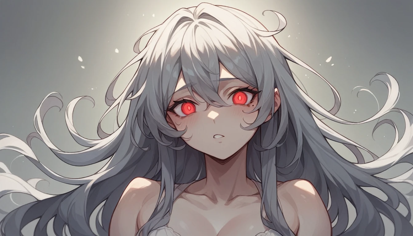 1 girl character。whole body、gray hair color、Glowing red eyes、Long Hair、There is a mole under the left eye。The expression is calm、A calm expression that doesn't show much emotion、Singing with a microphone、On a transparent background、Depict people only。