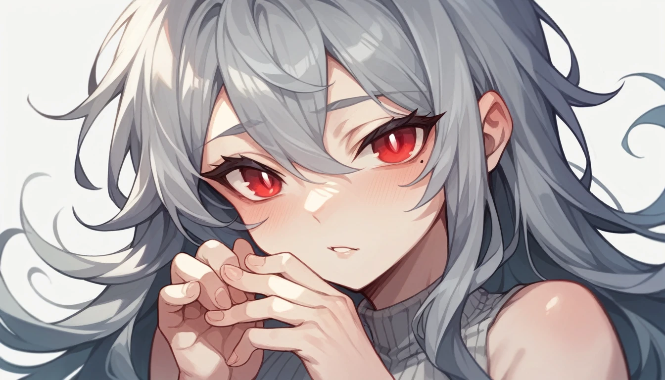 1 teen girl character。whole body、gray hair color、Glowing red eyes、Long Hair、There is a mole under the left eye。The expression is calm、A calm expression that doesn't show much emotion、Singing with a microphone、On a transparent background、Depict people only。