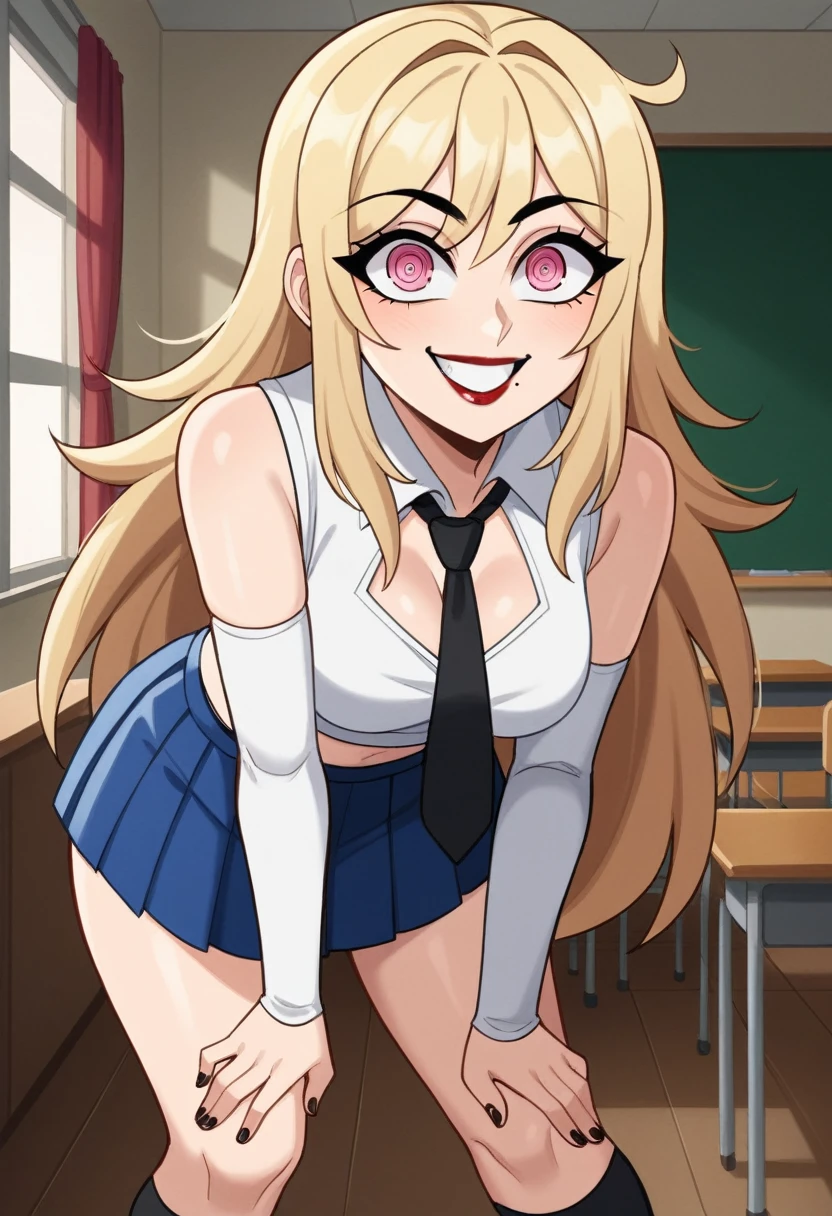 score_9, score_8_up, score_8, (top quality,8k wallpaper),(masterpiece,best quality:1.2), ((source_anime, anime)), 1girl, green eyes, goat pupils, ((very light blonde hair, long hair, straight hair)), fringe bangs, porcelain white skin, geisha makeup, pale skin, small breasts, yandere eyes, crazy smile, wide eyes, jealous, jealousy, very jealous, yandere, sleeveless, blue and white sailor girl top, black tie, black thong straps, ((blue skirt, pleated skirt:1.2)), red and white striped thigh highs, striped thigh highs,, midriff, thong, asymmetrical thigh highs, ((white arm warmers)), standing, classroom, black eyebrows, indoors, bedroom, girly, feminine, egirlthot, standing, obsessive, ((lipstick)), black mascara, black eyeliner, pink eyes, white powdered face, very white face, Goth girl, egirlthot, heart fingers, large eyes, beauty mark, ((super crazy eyes, very wide eyes, insane)), giggling, laughing, leaning forward, head tilt, one eye partially closed, s1z3d1ff_t4lk, taller girl, standing, legs straight, bent forwards, arched back, hands on knees, cleavage, breasts squished between arms, [[from below]:0.5], pov, eye contact, in a bedroom, simple background,