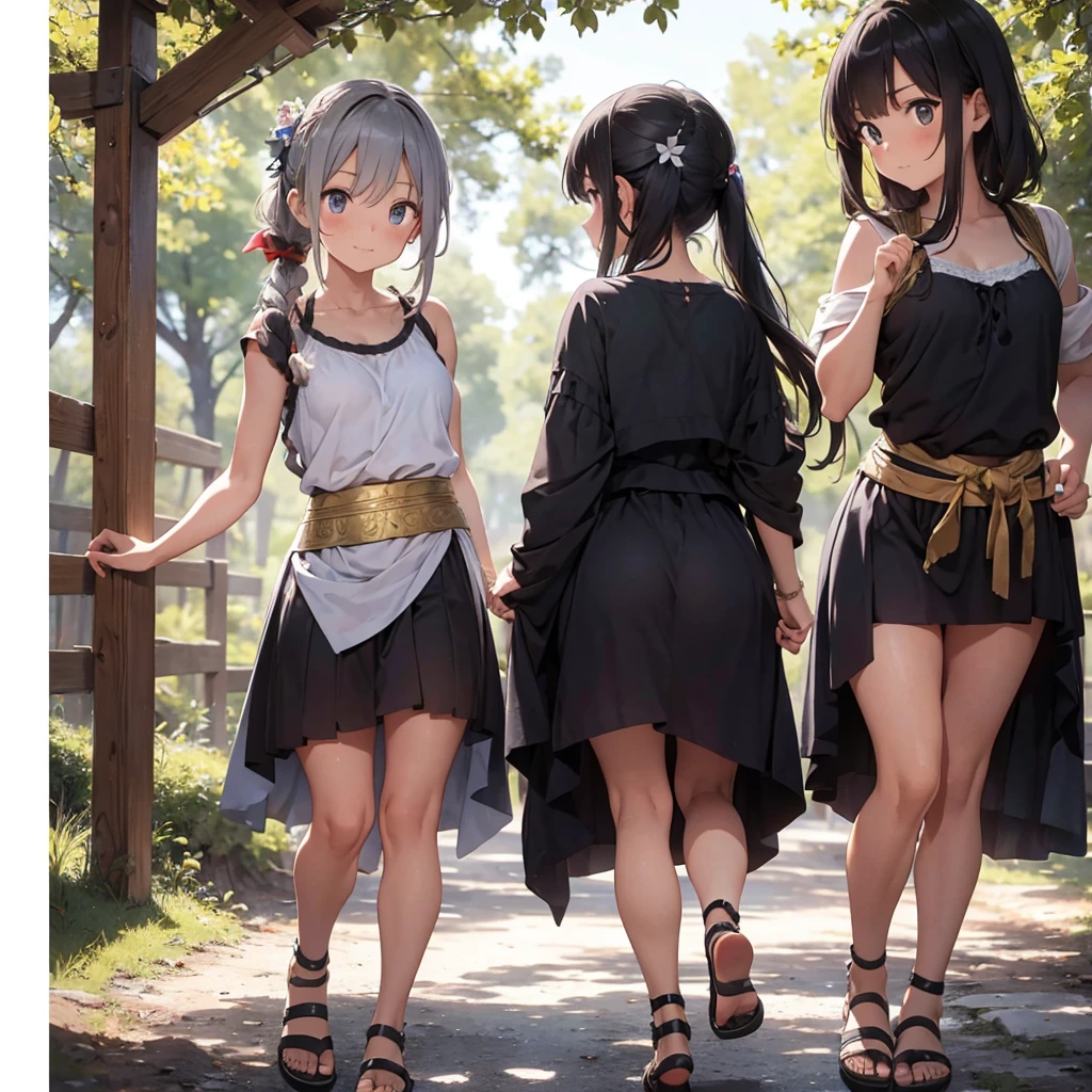 young greek warriors girls in togas , only girls , forest in the background , sandals , sexy , multiple girls ,