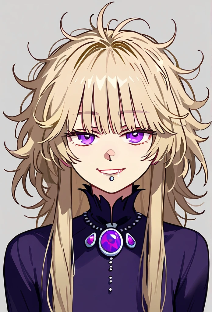 masterpiece, best quality, upper body, score_9,wolfcut light blonde hair,half lidded eyes, purple eyes,shoulder length messy hair,lip piercing, y2k outfit,smile