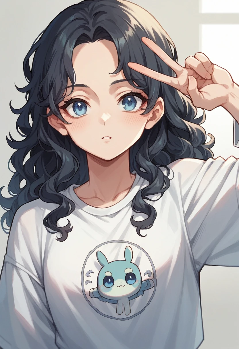 screenshot of girl from the anime Boku No Hero, long curly black hair, light blue eyes, wearing a simple white long sleeve t-shirt with a V-neckline. 