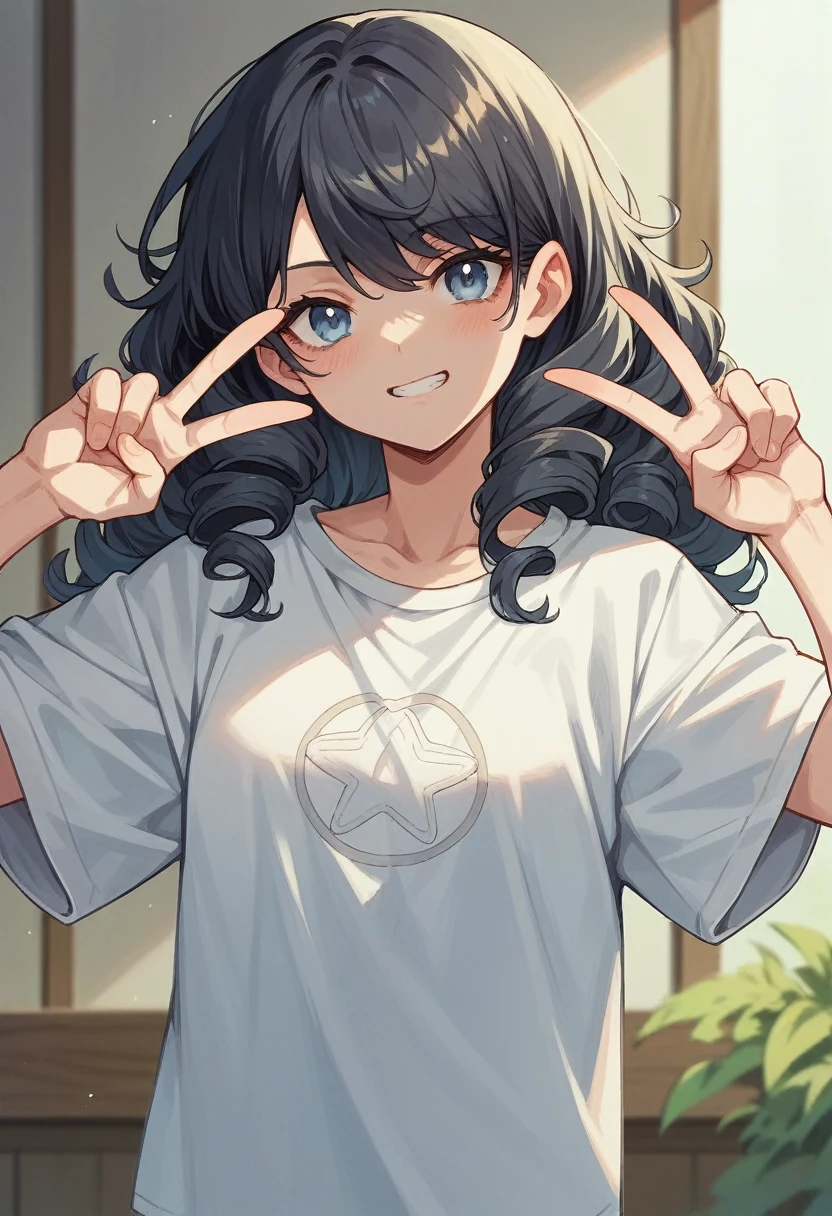 screenshot of girl from the anime Boku No Hero, long curly black hair, light blue eyes, wearing a simple white long sleeve t-shirt with a V-neckline.