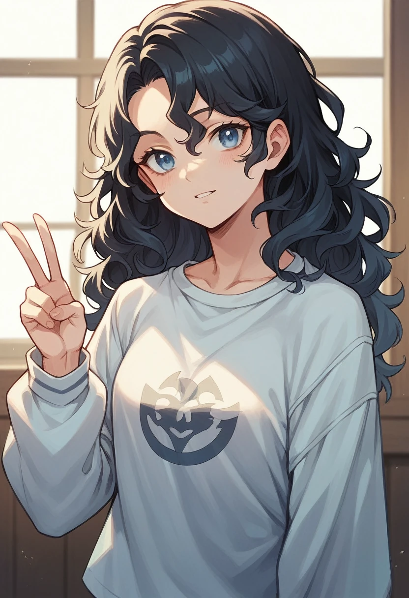 screenshot of girl from the anime Boku No Hero, long curly black hair, light blue eyes, wearing a simple white long sleeve t-shirt with a V-neckline.