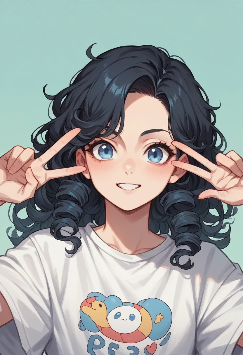 screenshot of girl from the anime Boku No Hero, long curly black hair, light blue eyes, wearing a simple white long sleeve t-shirt with a V-neckline.