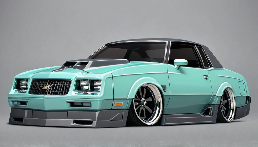 Mint colored 1986 Chevy monte carlo ss, pop art, cartoonish style ,detailed, illustration, slammed to the ground, large black staggered wheels, wide bodykit, masterpiece, highly detailed ((([simple grey background])))