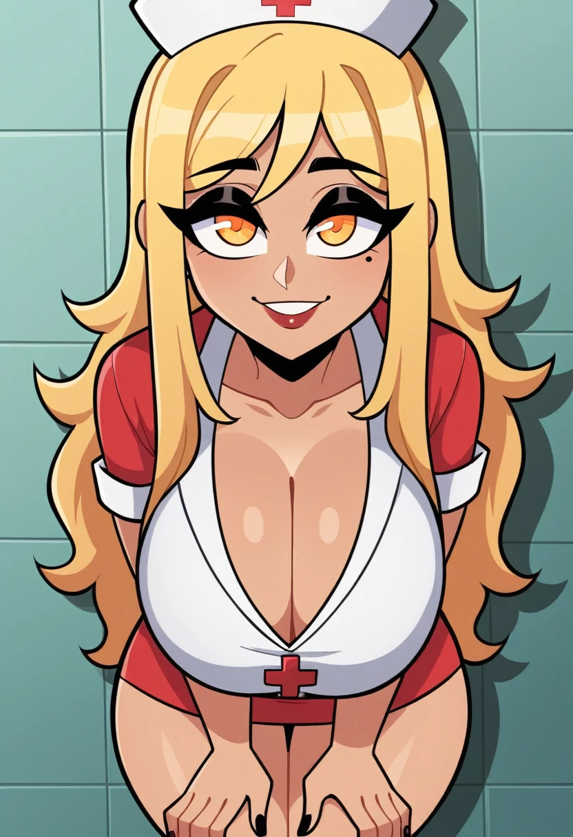 Expressiveh, egirlthot, chibiIcon, , score_9, score_8_up, score_8, (top quality,8k wallpaper),(masterpiece,best quality:1.2), ((source_anime, anime)), 1girl, , goat pupils, ((blonde hair, long hair, )), old, mother, milf, nurse ,  ,, tan skin, makeup, tan skin, saggy breasts, amused eyes, amused smile, , , wide eyes, jealous, jealousy, very jealous, yandere, nurse, nursing, medic, , ,  blonde eyebrows, indoors, , , egirlthot, , obsessive, , black mascara, black eyeliner, yellow eyes, , , Goth girl, egirlthot, , , big sister, , large eyes, beauty mark, , giggling, laughing, leaning , , athletic , long fingernails,s1z3d1ff_t4lk, taller girl, standing, legs straight, bent forwards, arched back, hands on knees, cleavage, breasts squished between arms, [[from below]:0.5], pov, eye contact, chibi, icon, cartoon, 
