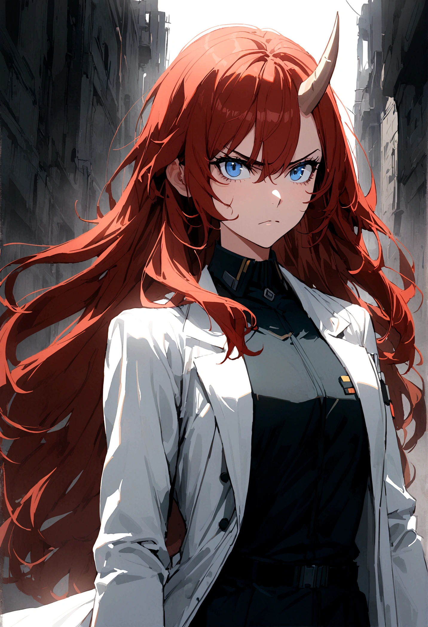 1dirl, white lab coat, lab coat, white glove, dark hair, red hair, long hair, blue Eyes, small horn, serious face