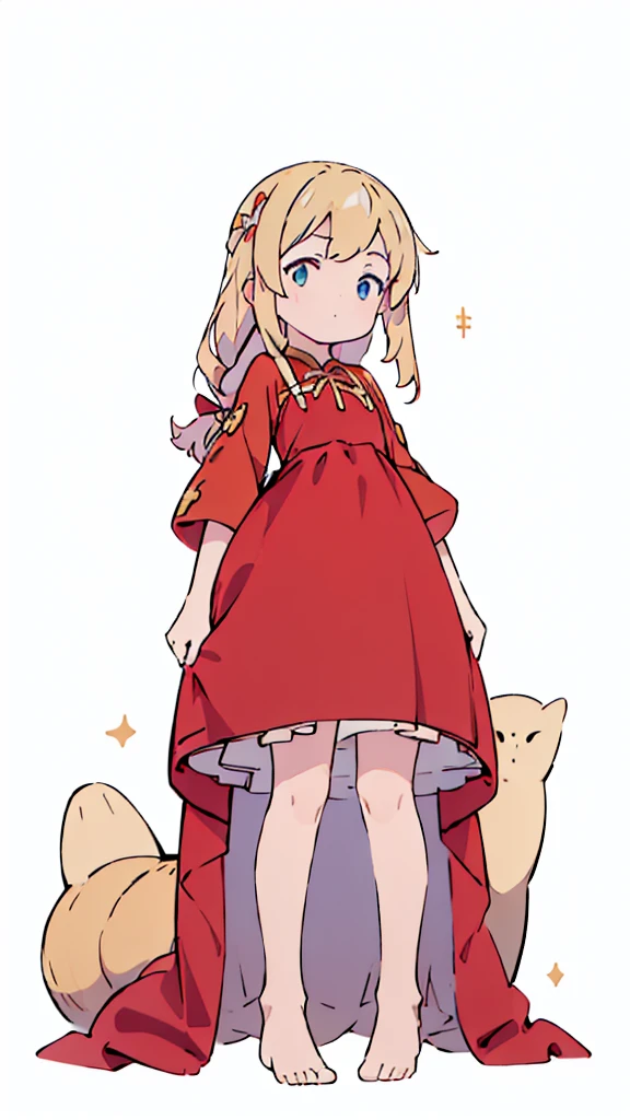 ((masterpiece))((Highest quality))Standing upright、Blonde、(Long twin tails)(So that your whole body can be seen)、Directly in front、No background、(Put your feet on the ground)low length、、Flat Chest、Are thin、Red dress、