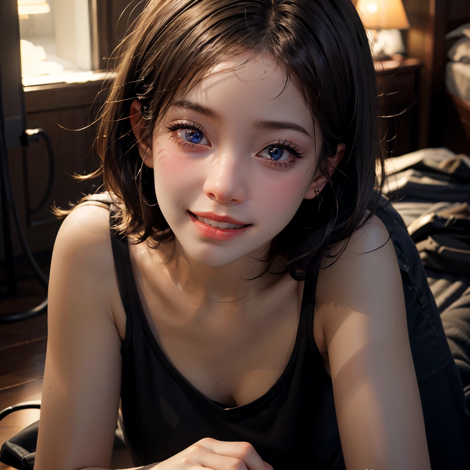 a gorgeous girl in a white "SUPER BITCH" printed t-shirt, lying on her back from directly above, (best quality,4k,8k,highres,masterpiece:1.2),ultra-detailed,(realistic,photorealistic,photo-realistic:1.37),professional photo,vivid colors,dramatic lighting,beautiful detailed eyes,beautiful detailed lips,extremely detailed eyes and face,longeyelashes,cinematic composition,natural skin,flawless skin,intricate details,high contrast,intense color palette,striking chiaroscuro,dramatic shadows,volumetric lighting,moody atmosphere