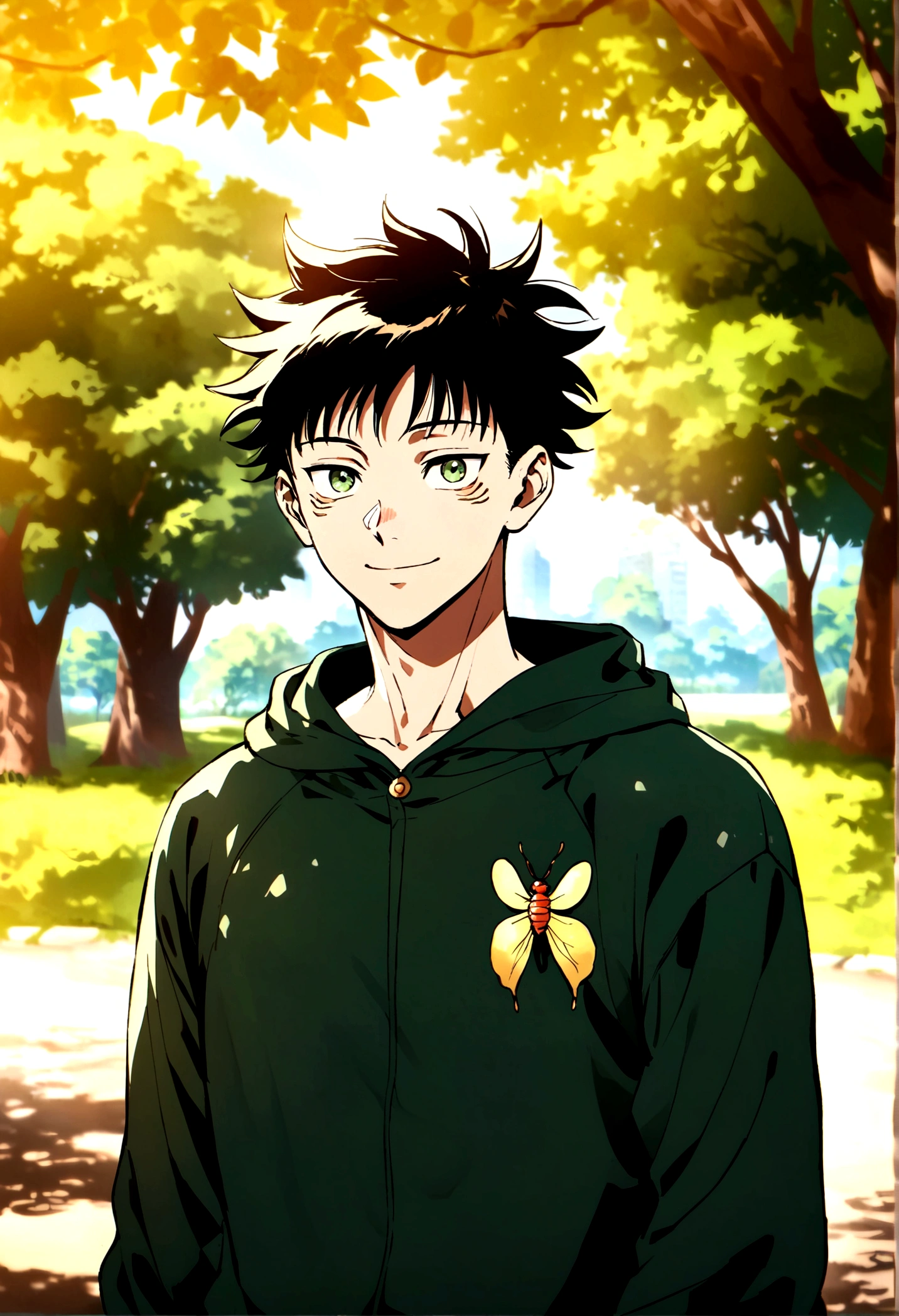 young male, dark short hair, dark green open hoodie, bug theme, eye bags, park background, jujutsu kaisen artstyle, smiling