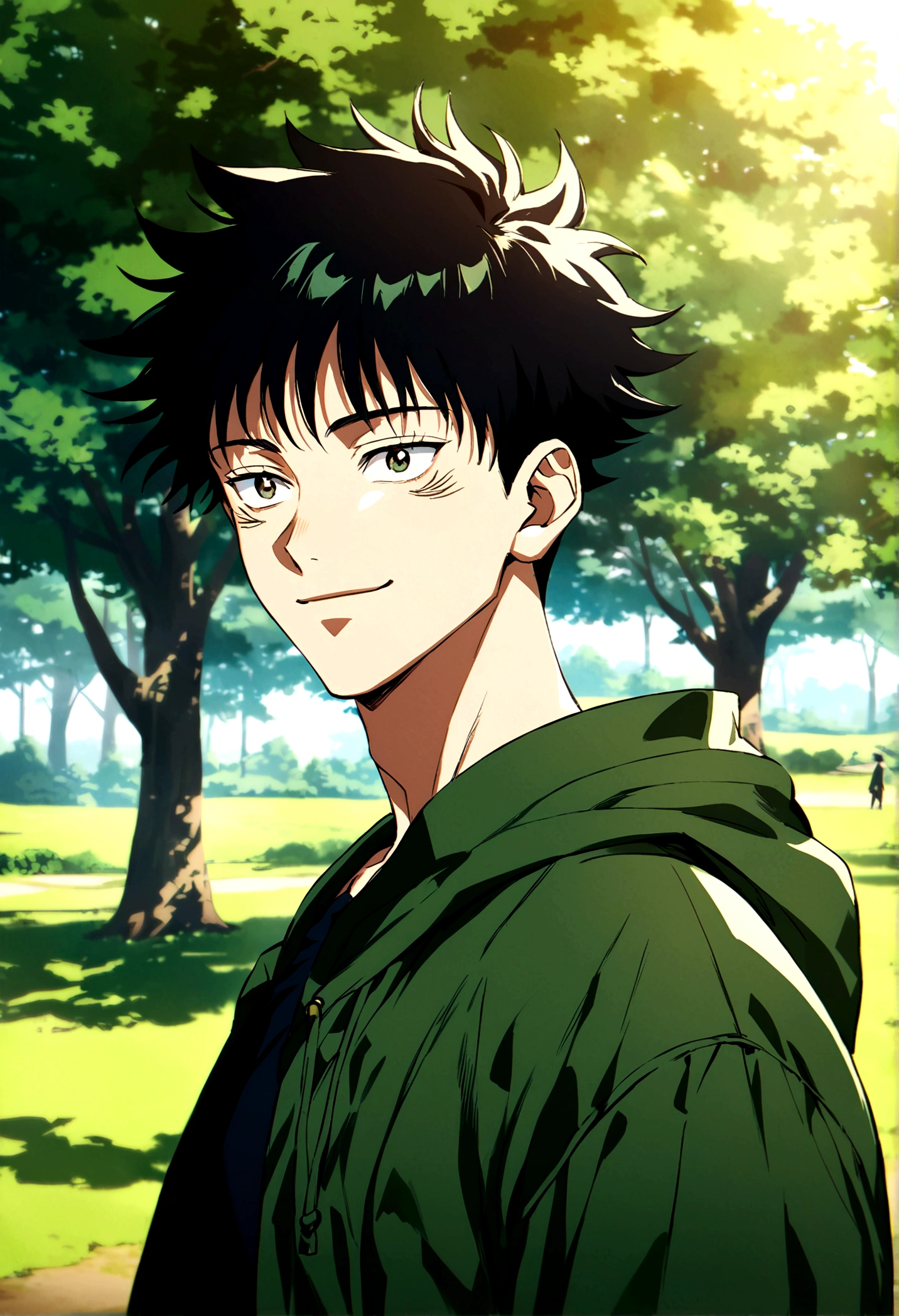young male, dark short hair, dark green open hoodie, bug theme, eye bags, park background, jujutsu kaisen artstyle, smiling