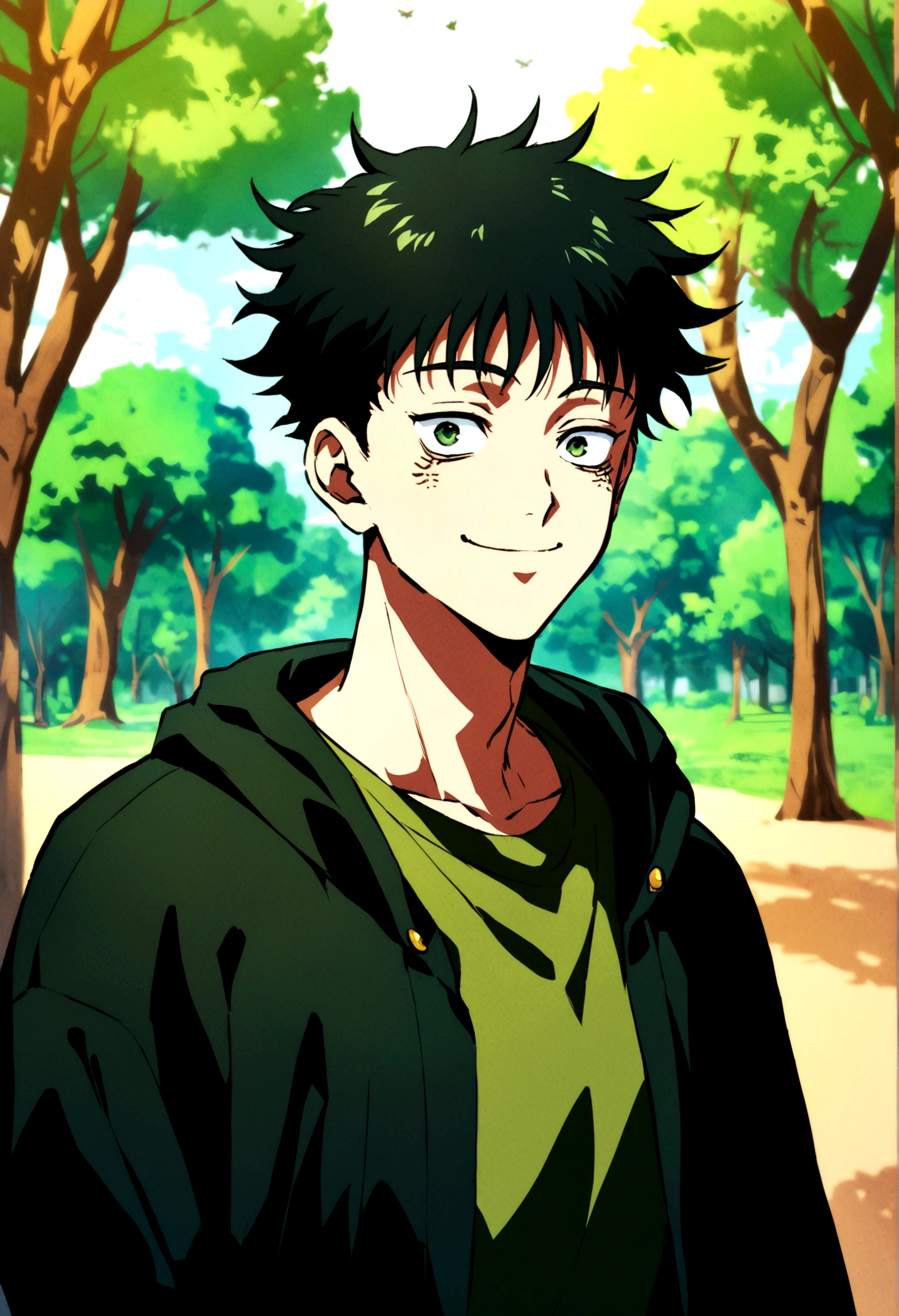 young male, dark short hair, dark green open hoodie, bug theme, eye bags, park background, jujutsu kaisen artstyle, smiling