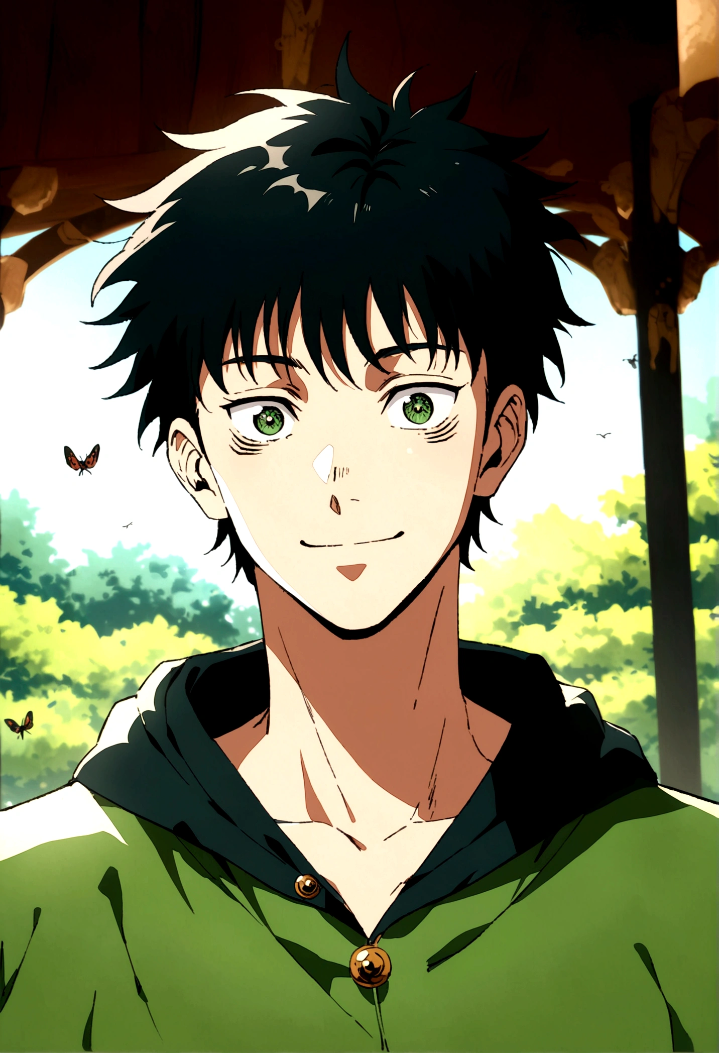 young male, dark short hair, dark green open hoodie, bug theme, eye bags, park background, jujutsu kaisen artstyle, smiling