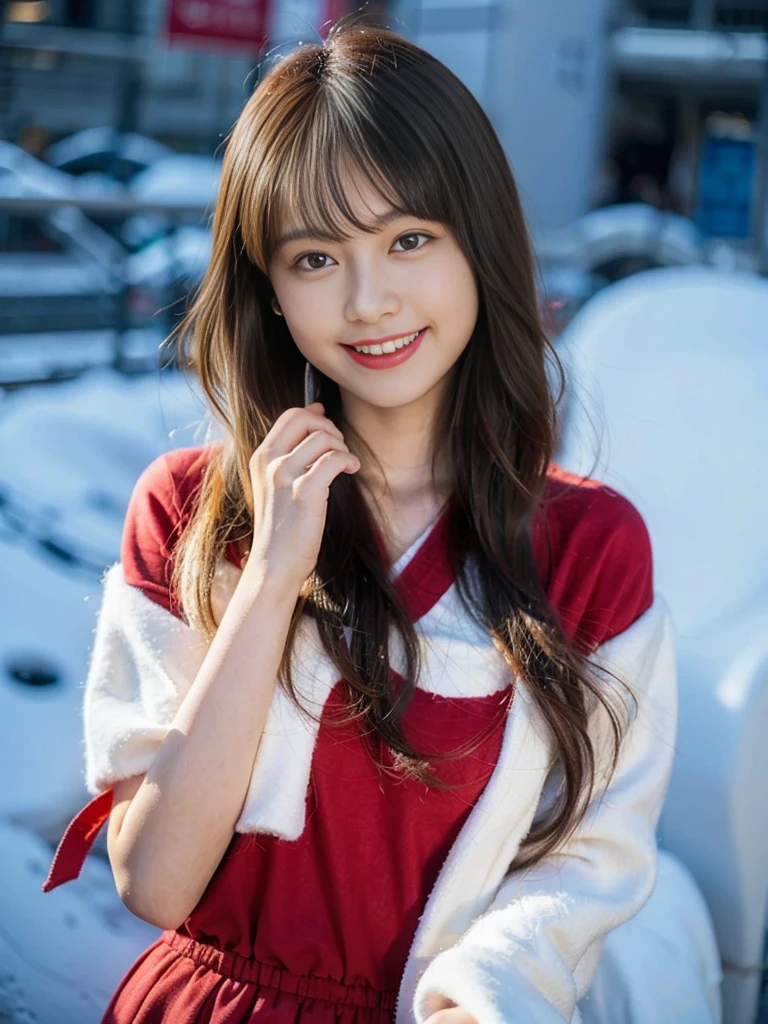 (8K、Raw photography、top-quality、masterpiece:1.2)、(realisitic、Photorealsitic:1.37)、ultra-detailliert、超A high resolution、女の子1人、see the beholder、beautifull detailed face、A smile、Constriction、(Slim waist) :1.3)、Beautiful detailed skin、Skin Texture、Floating hair、Professional Lighting、Whole human body、Longhaire、a blond、japanese hight 、hi-school girl、School route、Winters、snowscape、Snow is piled up、snowflakes falling、red ribbon hair、Happy smile、Childish smile、Suppin、Red sailor suit