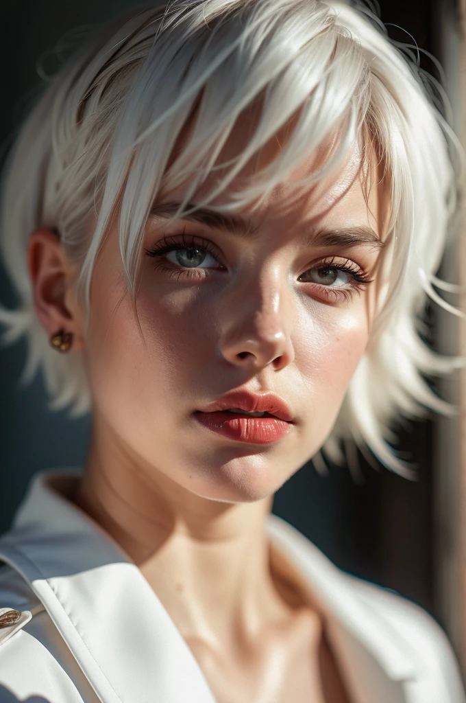 Instagram Photos, French woman, 21 years old, square hair cut,White hair, Close-up portrait, Jacket,shirt, Neckline, pale, Sharp Shadow