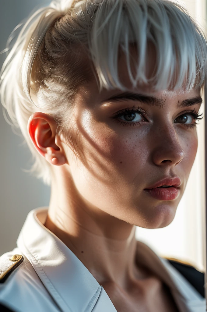 Instagram Photos, French woman, 21 years old, square hair cut,White hair, Close-up portrait, Jacket,shirt, Neckline, pale, Sharp Shadow