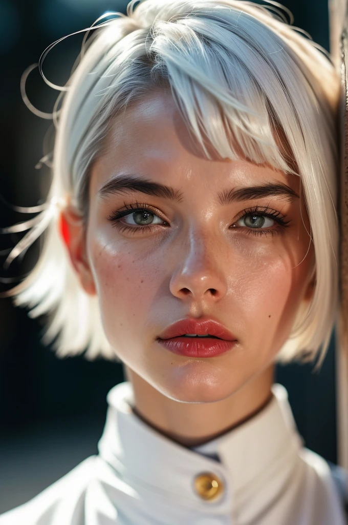 Instagram Photos, French woman, 21 years old, square hair cut,White hair, Close-up portrait, Jacket,shirt, Neckline, pale, Sharp Shadow