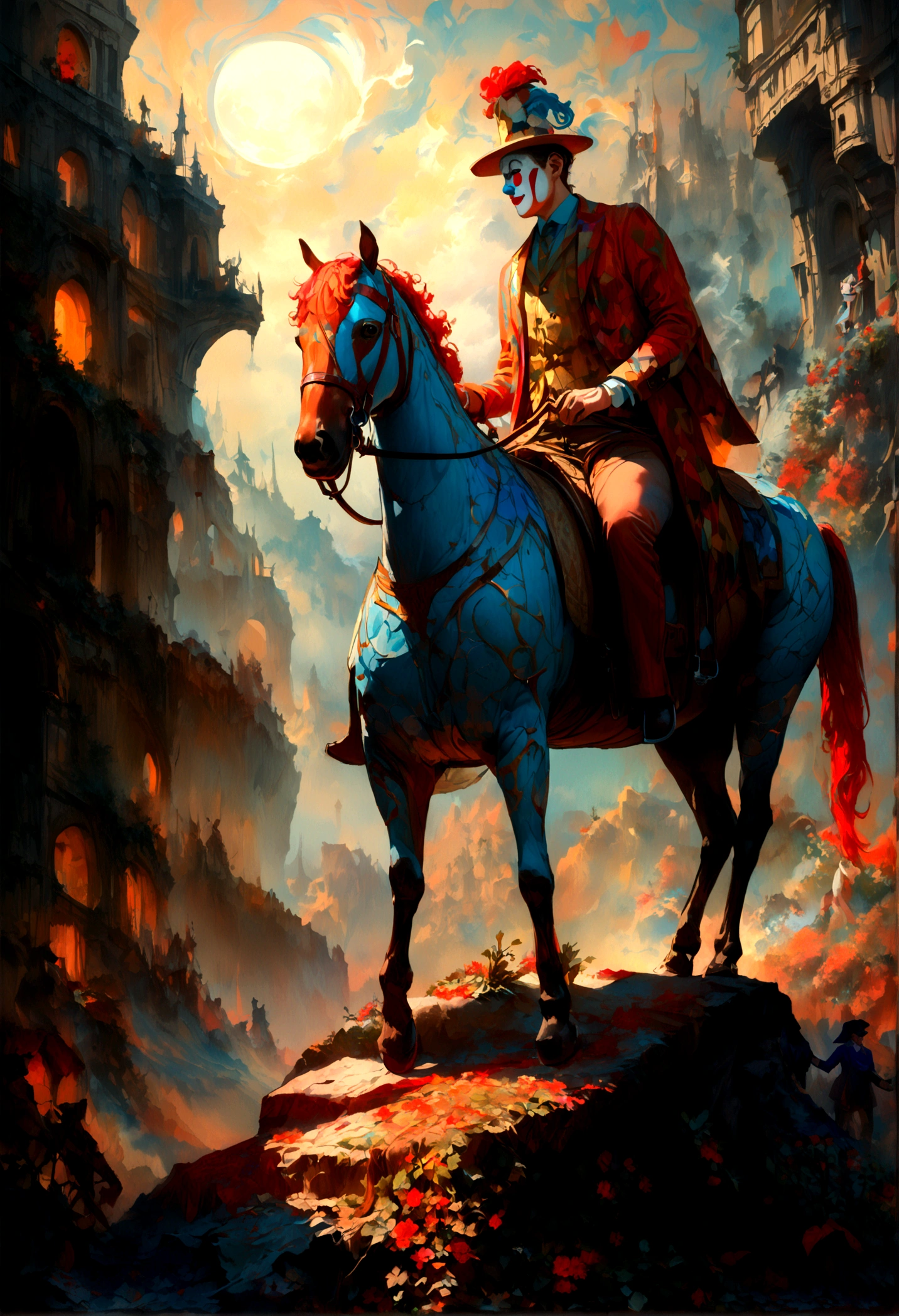 a clown soldier in a war arena on top of a horse, high detailed portrait, intricate suit, swirly vibrant colors, dramatic lighting, surreal atmosphere, (best qualityer, 4K, 8K, high resolution, Masterpiece artwork: 1.2), ultradetailed, (realisitic, fotorrealisitic, fotorrealisitic: 1.37), oil painting, film composition, sharp focus, physics-based rendering, extreme detail description, proffesional, bright coloured, cinematic lighting