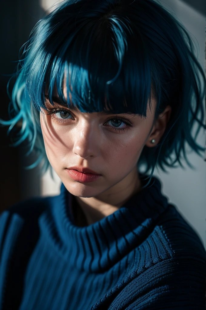 Instagram Photos, French woman, 21 years old, square hair cut,Blue hair, Close-up portrait, sweater, Neckline, pale, Sharp Shadow