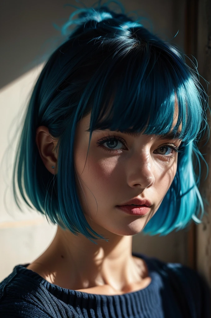 Instagram Photos, French woman, 21 years old, square hair cut,Blue hair, Close-up portrait, sweater, Neckline, pale, Sharp Shadow