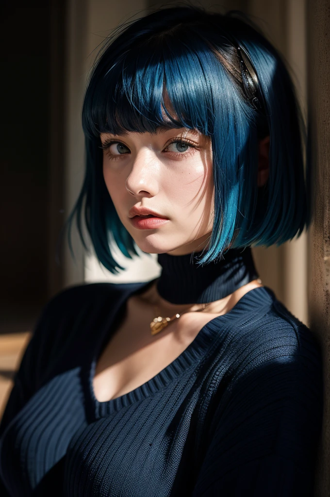 Instagram Photos, French woman, 21 years old, square hair cut,Blue hair, Close-up portrait, sweater, Neckline, pale, Sharp Shadow