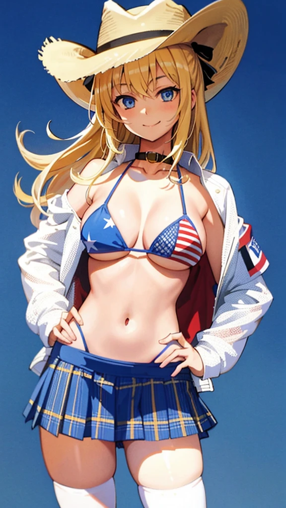 Masterpiece, 1 girl, Solo, Best quality, A high resolution, Blonde hair, ahoge, Blue eyes, american flag bikini, mini plaid skirt, Collar, bikini top only, Smile, Cowboy shot, hand on hips, desert background, white thighhighs, Large breasts, cleavage, Open jacket, sleeves past wrists, cowboy hat