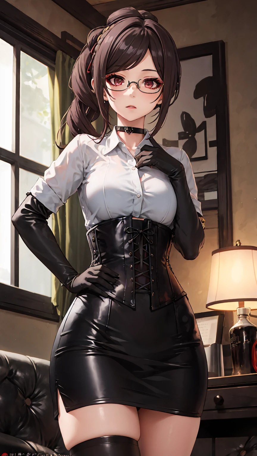1 girl, Chiori \(genshin impact\), Alone, choker:1.6, White long sleeve shirt with collar, black leather corset, black gloves that cover your hands, shiny black tight mini skirt, shackles, glasses, looking at the viewer, hand on hip,, inside, depth of field, expressionless