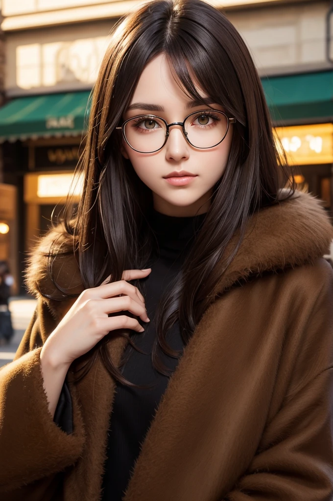  
Black Loose medium-sized dark brown hair Thin gold glasses Dark green eyes Light brown fuzzy coat 