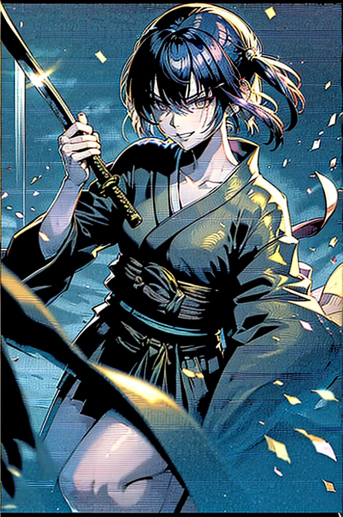 roll up bandage on a chest tightly to cover the chest without gaps under kimomo, Japanese Gangster BOSS, adult woman with the dignified presence, Killing Qi, wear the kimono from the waist down, ((kimono come off)) ,wear the kimono multiple times, Bare shoulders and the clavicle, black and gold kimono, put on over jacket of kimono, holding a japanese sword which shine in purple, long sword, eye fire, low angle, whole body, bandage is seen, anime character, inappropriate smile, off sholder, nappropriate smile, Excellent, black blue hair, can see both shoulder
