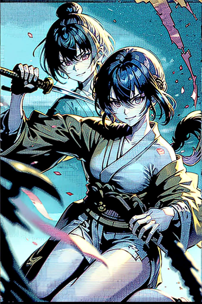 roll up bandage on a chest tightly to cover the chest without gaps under kimomo, Japanese Gangster BOSS, adult woman with the dignified presence, Killing Qi, wear the kimono from the waist down, ((kimono come off)) ,wear the kimono multiple times, Bare shoulders and the clavicle, black and gold kimono, put on over jacket of kimono, holding a japanese sword which shine in purple, long sword, eye fire, low angle, whole body, bandage is seen, anime character, inappropriate smile, off sholder, nappropriate smile, Excellent, black blue hair, can see both shoulder