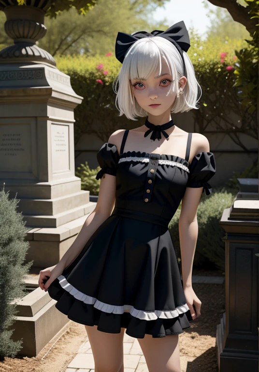 image of entire body, best quality, flat chested, flat stomach, tiny body, small stature, high quality image of an anime-style gothic girl, the girl has a very thin body, the girl has short legs, fine and thin face, her face is sad, the girl has white skin, small black bow on the upper right corner of his head, the girl has very small breasts, The girl is slightly blushing, straight bangs cover her eyebrows, the girl has little human ears, the girl has white hair, the girl has short hair, the girl is posing sexy, the girl is wearing a sexy black tight maid dress with pink ruffles, the girl's eyes are bright red, the girl are holding a bloody chainsaw, the girl has very marked black eyeliner, The background of the image is a night garden with tombs,