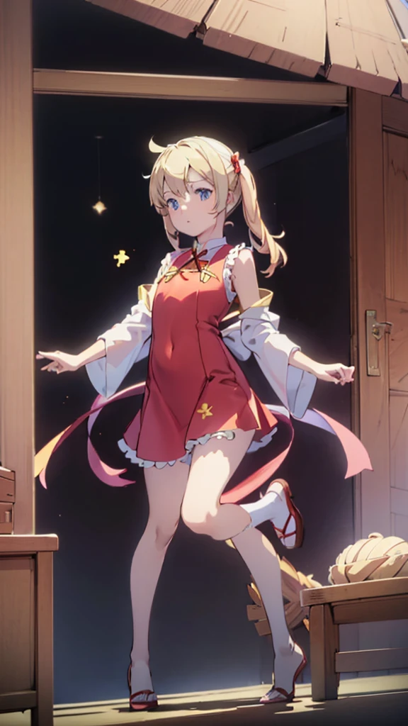 ((masterpiece))((Highest quality))Standing upright、Blonde、(Long twin tails)(So that your whole body can be seen)、Directly in front、No background、(Put your feet on the ground)low length、、Flat Chest、Are thin、Red dress、