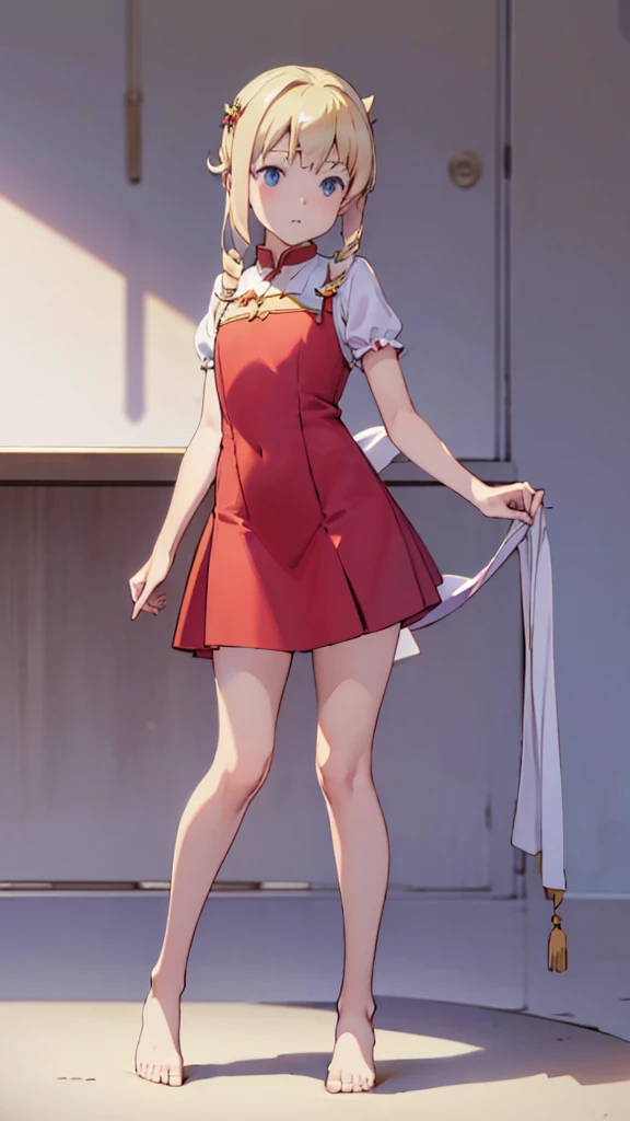 ((masterpiece))((Highest quality))Standing upright、Blonde、(Long twin tails)(So that your whole body can be seen)、Directly in front、No background、(Put your feet on the ground)low length、、Flat Chest、Are thin、Red dress、