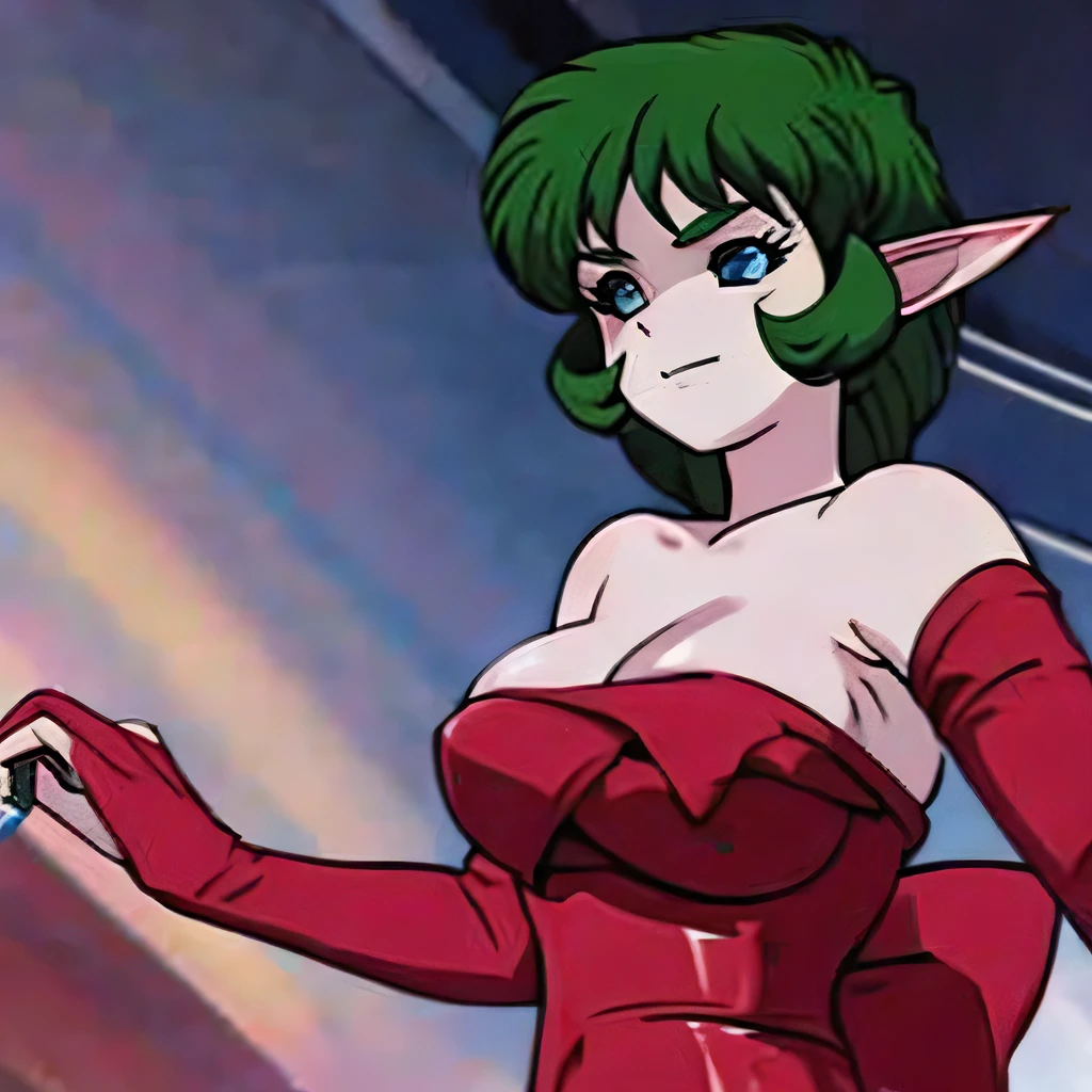 ((masterpiece,best quality,ultra-delicate,Perfect Face,16k,high resolution,very beautiful girl)),medium short green hair, seductive pose,Red strapless bodycon tube dress ,Red long arm sleeves,red high heels,Elf Girl,large Breasts,blue eyes,Beautiful smile,