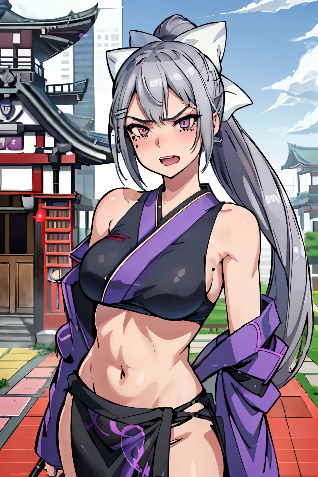 higuchi kaede, 1girl, virtual youtuber, solo, long hair, mole under eye, purple eyes, ponytail, very long hair, hairclip, grey hair, blush, lipstick, Hot girl, baddie, staring, glaring, bad attitude, mean girl, dare, angry, hate, crazy, smoking, sensual, attractive, masterpiece, best quality, highly detailed, a anime girls in kimono dress with a sword posing for a
picture, bare shoulder,open kimono, evil smile, open mouth, crop top , (nsfw) not safe for work, smile,
ecchi anime style, anime girls, ecchi style, ecchi, digital anime art!!, in anime style, official artwork, visual
novel cg, beautiful anime girl, anime style 4 k, kimono pencil skirt, exposed belly, exposed navel,
exposed midriff, exposed lower belly, outdoor, japanese architecture, temple