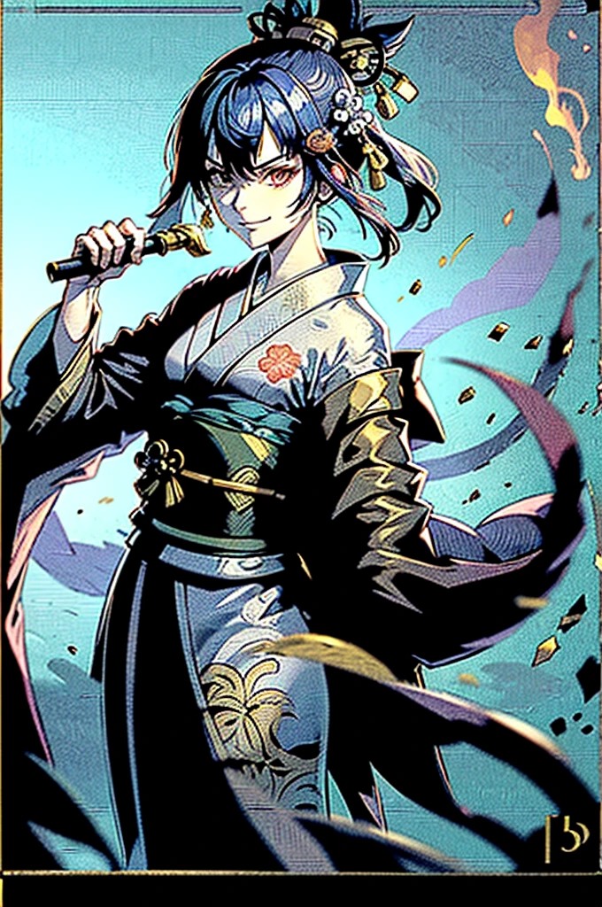roll up bandage on a chest tightly to cover the chest without gaps under kimomo, Japanese Gangster BOSS, adult woman with the dignified presence, Killing Qi, wear the kimono from the waist down, ((kimono come off)) ,wear the kimono multiple times, Bare shoulders and the clavicle, black and gold kimono, put on over jacket of kimono, holding a japanese sword which shine in purple, long sword, eye fire, low angle, whole body, bandage is seen, anime character, inappropriate smile, off sholder, nappropriate smile, Excellent, black blue hair, can see both shoulder
