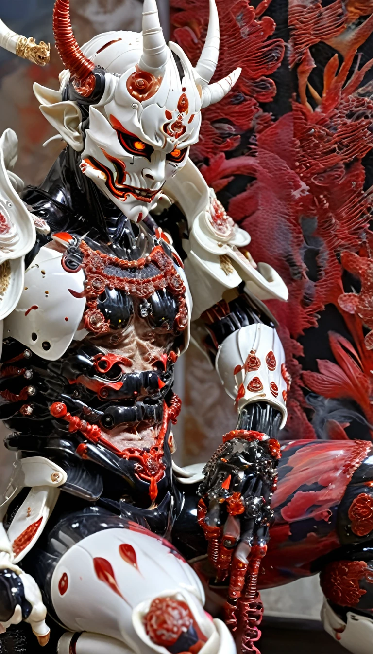 １３century、A white cyborg samurai-like creature wearing a Hannya mask.、Shining eyes、 Kneel on one knee、(Black and Red)、FW Murano Style, An explosion of vibrant colors, Incredibly detailed, dark, Key Visual, in the air, Very realistic, Attention to detail and texture, Ray Tracing