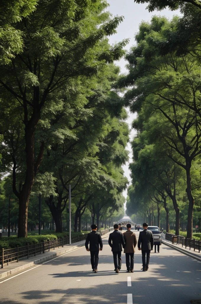 Chinese pedestrians on an avenue with trees