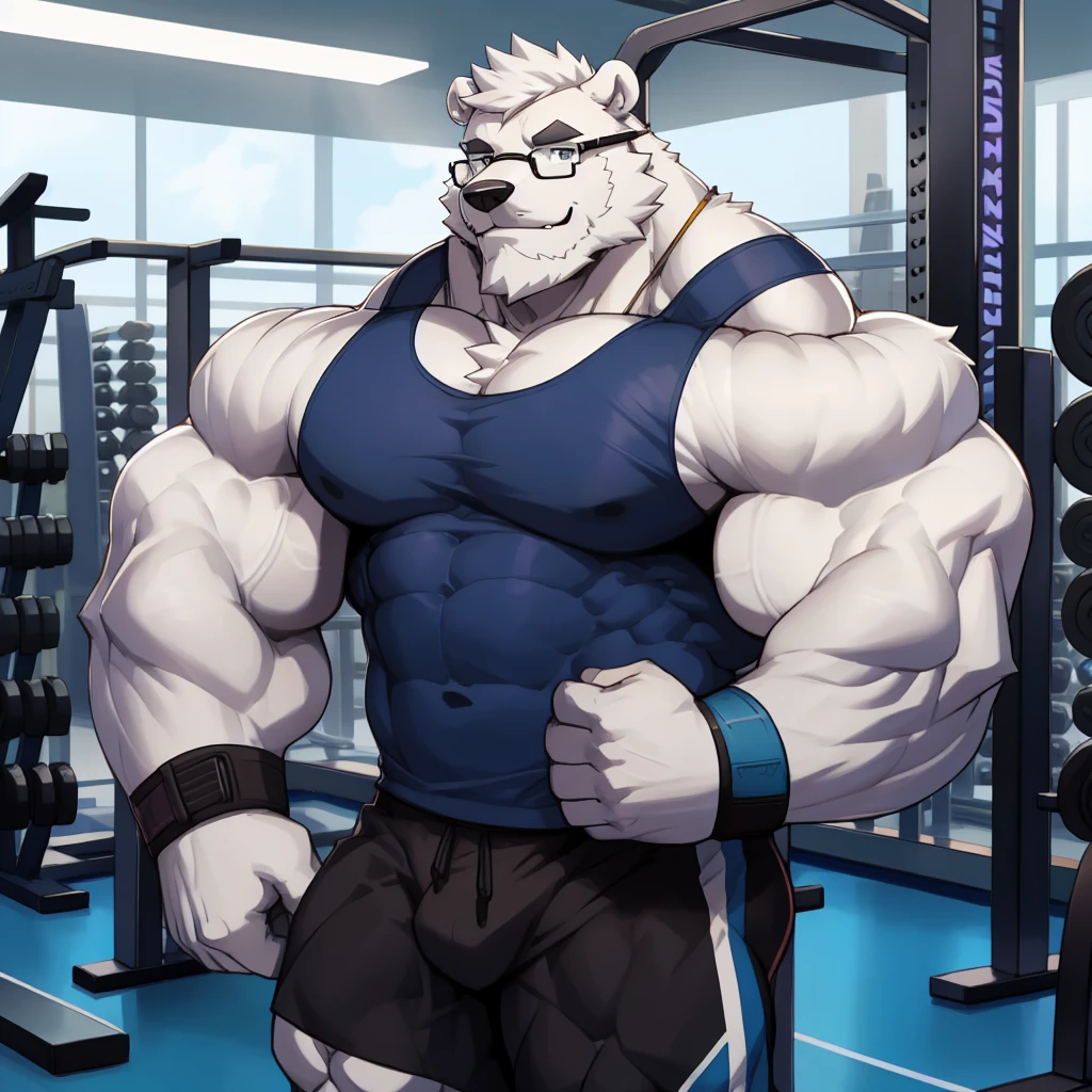 solo, 1boy, Huge Muscular White Polar Bear wearing glasses, huge white fur, pectoral, huge pectoral, wide pectoral, short white hair, blue colored short pants, blue colored wristbands and blue colored tank top, white bearded, white Mustache, white fur, black eyebrows, gym fitness center background, masterpiece, high detailed, 8k, high resolution, at the gym, flexes huge thorax, looking at the viewer, acting all hunk