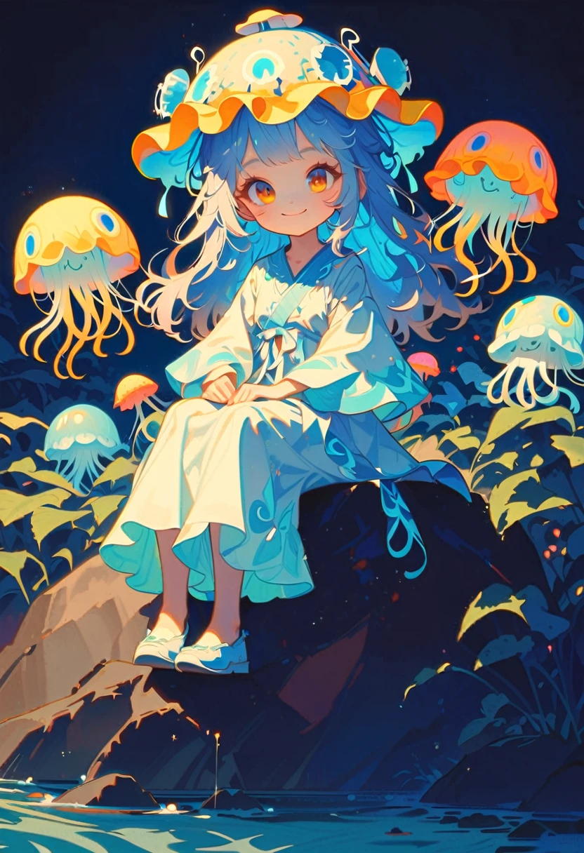 style 9, 1 girl with  wavy blue hair wearing a yellow jellyfish hat., brown eyes, lightly made up with blue tones, sitting on a rock, smiling