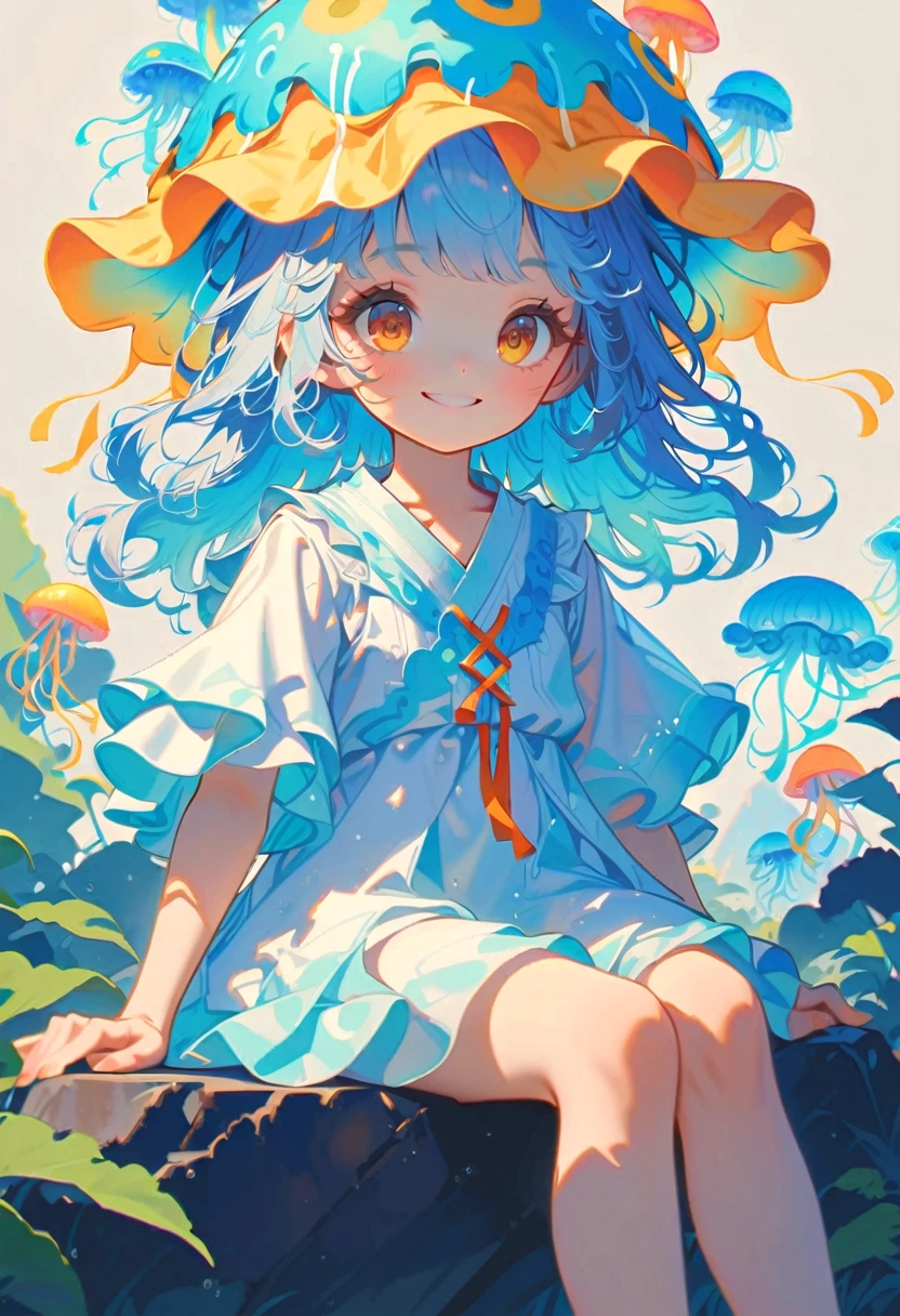 style 9, 1 girl with  wavy blue hair wearing a yellow jellyfish hat., brown eyes, lightly made up with blue tones, sitting on a rock, smiling