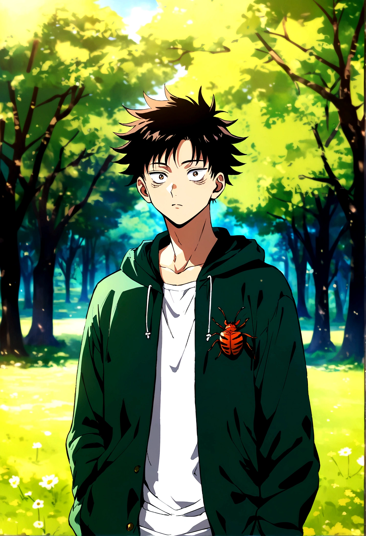 young male, dark short hair, dark green open hoodie, bug theme, eye bags, park background, jujutsu kaisen artstyle, friendly
